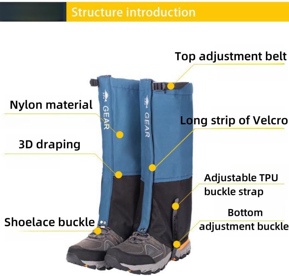 Blue Breathable Nylon Waterproof Hiking Leg Gaiters and Snow Boot Gaiters (Fleece Lining) - Unisex Adjustable Sand & Mud Protection for Mountaineering & Desert Trekking, L Size