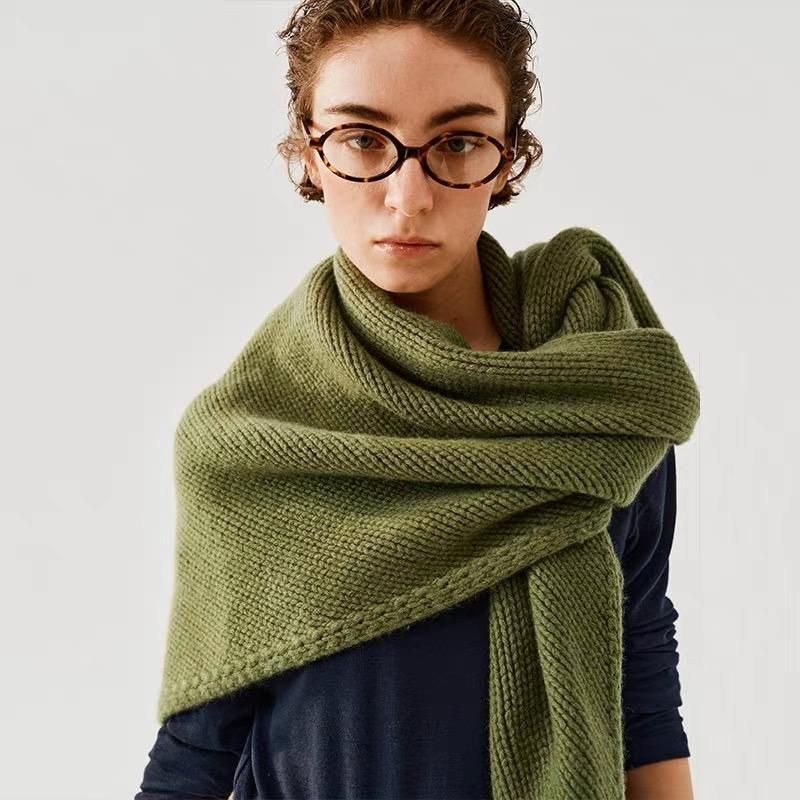 Black Retro Wool Blend 190x70cm Knitted Triangle Scarf - Multifunction Warm Shawl Wrap with Elegant Minimalist Design for Fall Winter Versatile Styling