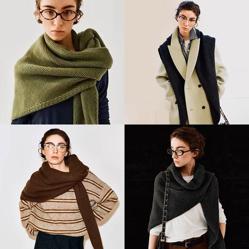 Brown Retro Wool Blend 190x70cm Knitted Triangle Scarf - Multifunction Warm Shawl Wrap with Elegant Minimalist Design for Fall Winter Versatile Styling
