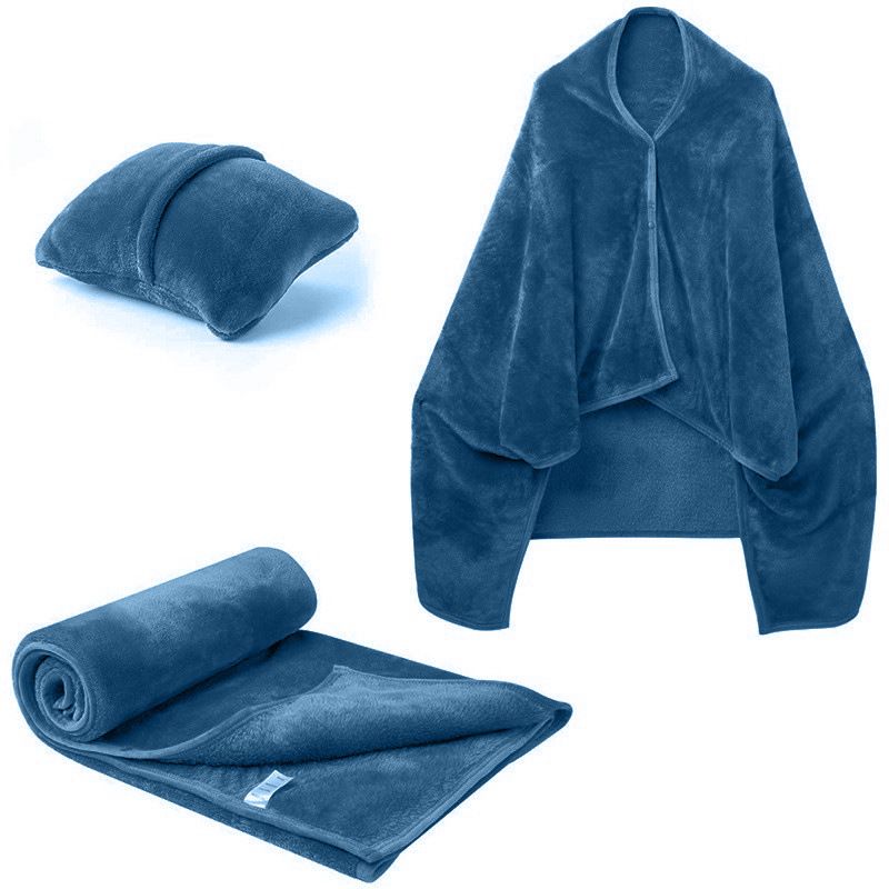 3-in-1 Portable Travel Blanket / Pillow / Wearable Shawl with Snap & Envelope Folding Design - 230GSM Soft Flannel Thickened Nap Blanket for Airplane Office Home, Space Saving & Machine Washable, Blue 60 x 70 inch