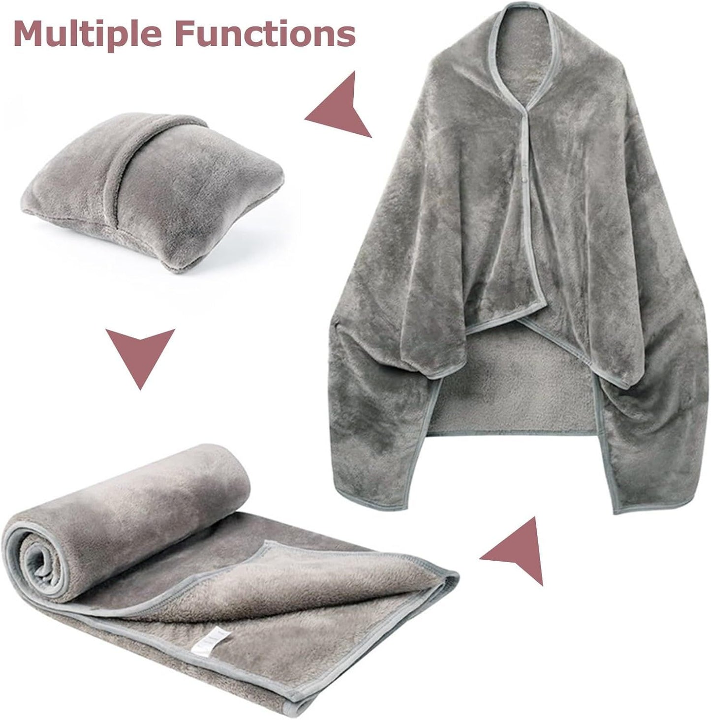 3-in-1 Portable Travel Blanket / Pillow / Wearable Shawl with Snap & Envelope Folding Design - 230GSM Soft Flannel Thickened Nap Blanket for Airplane Office Home, Space Saving & Machine Washable, Black 60 x 70 inch