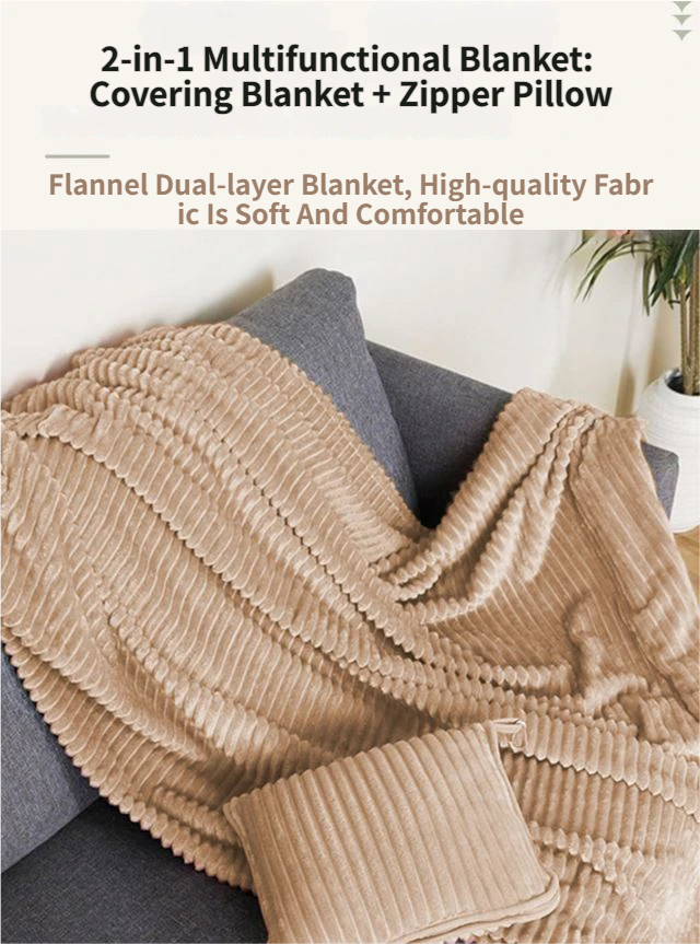 2-in-1 Dark Grey Soft Ribbed Flannel Travel Blanket / Folding Zipper Pillow with Luggage Strap & Hook - 40x60 Inch Portable Dual-Layer Fleece Nap Blanket for Airplane Travel Office Camping