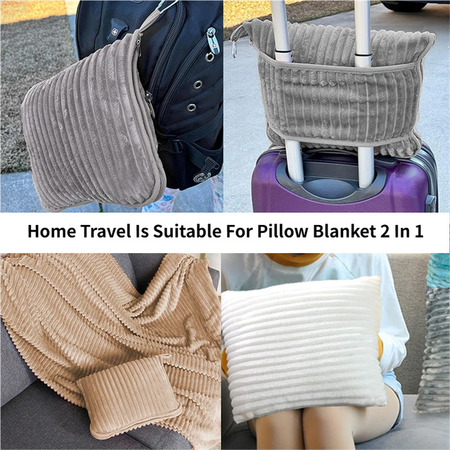 2-in-1 Light Grey Soft Ribbed Flannel Travel Blanket / Folding Zipper Pillow with Luggage Strap & Hook - 40x60 Inch Portable Dual-Layer Fleece Nap Blanket for Airplane Travel Office Camping