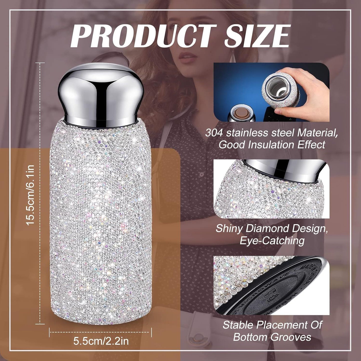 Pink Handmade Luxury Diamond Insulated Water Bottle – Bling Rhinestone 304 Stainless Steel Pocket Mug (260ml)