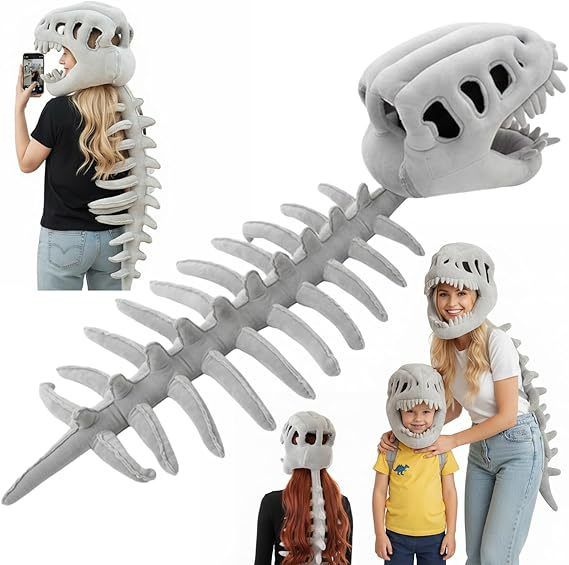 80CM Grey Funny Dinosaur Skeleton Plush Headwear – Quirky Bone Fossil Plushie Hat & Huggable Doll for Party Costumes and Birthday Gifts