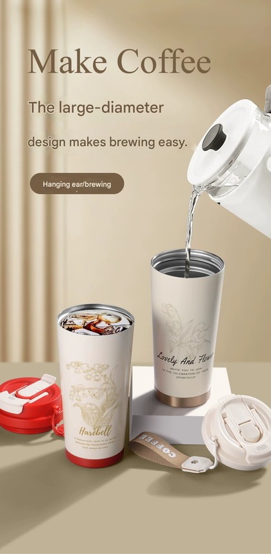 Red 316 Stainless Steel Insulated Coffee Tumbler 500ml  with Dual-Use Lid, Lily of the Valley Design, Leak-Proof Sip and Straw, BPA-Free Thermal Cup for Hot Cold Beverages