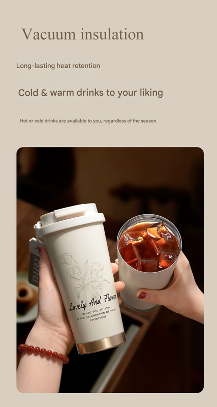 Red 316 Stainless Steel Insulated Coffee Tumbler 500ml  with Dual-Use Lid, Lily of the Valley Design, Leak-Proof Sip and Straw, BPA-Free Thermal Cup for Hot Cold Beverages