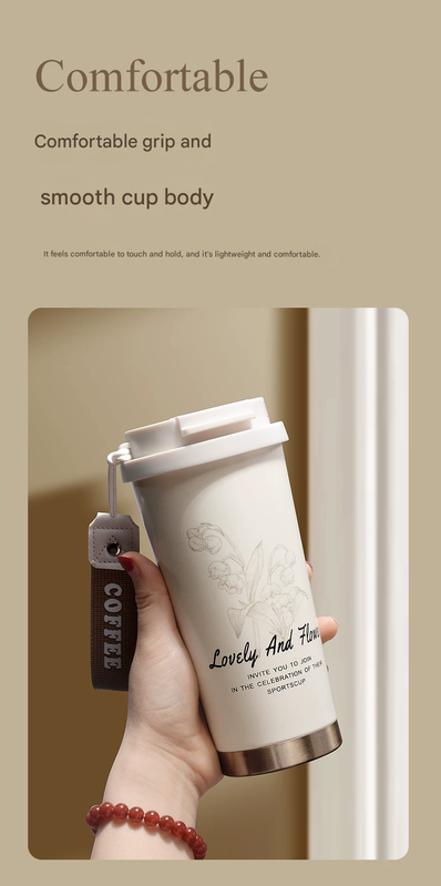 Red 316 Stainless Steel Insulated Coffee Tumbler 500ml  with Dual-Use Lid, Lily of the Valley Design, Leak-Proof Sip and Straw, BPA-Free Thermal Cup for Hot Cold Beverages