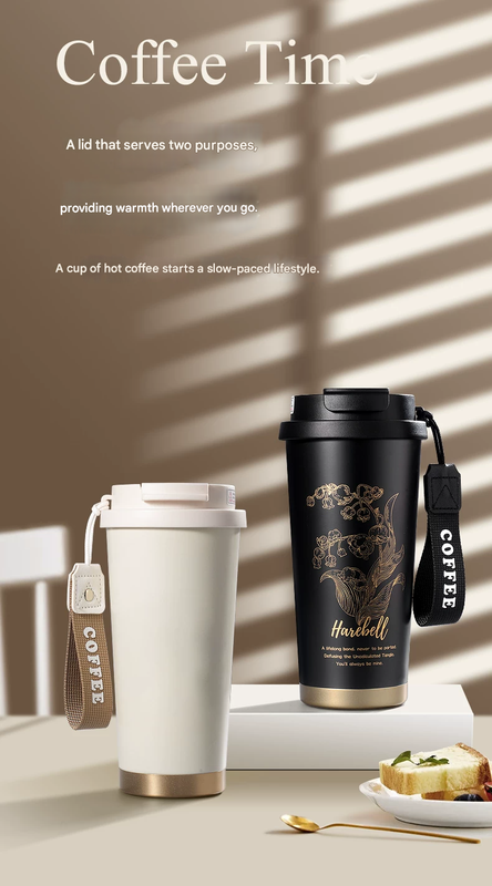 Black 316 Stainless Steel Insulated Coffee Tumbler 500ml  with Dual-Use Lid, Lily of the Valley Design, Leak-Proof Sip and Straw, BPA-Free Thermal Cup for Hot Cold Beverages