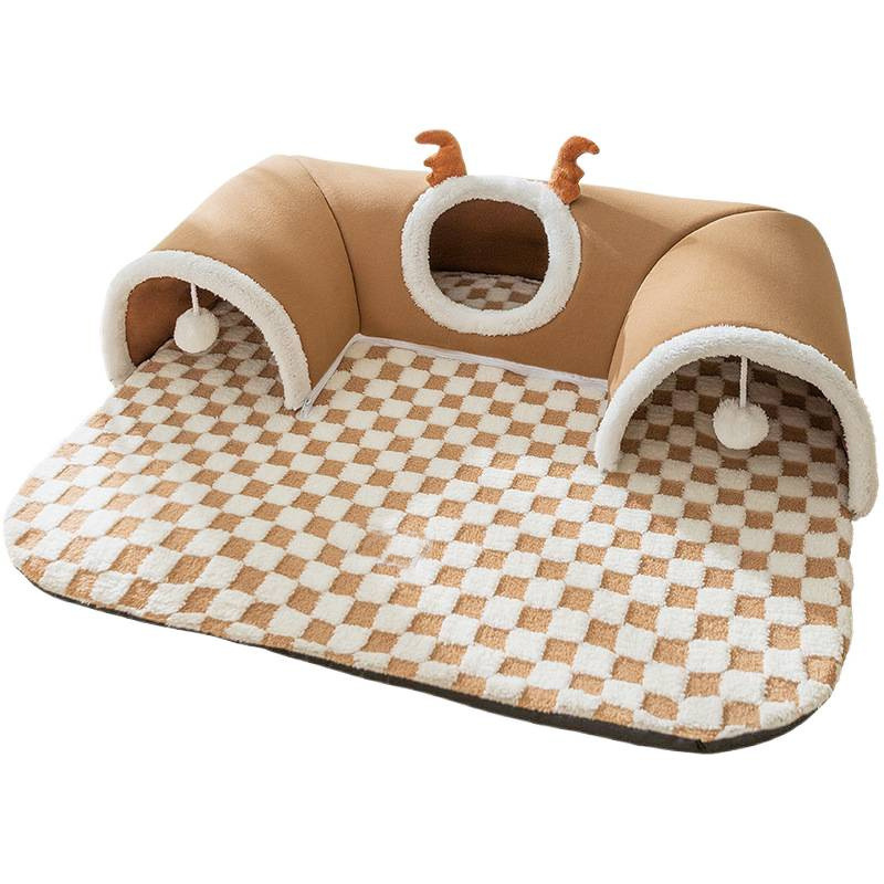 Brown  S size Cat Tunnel Bed House 4-Season Universal Removable Washable U-Shaped Cat Cave with Multi-Entrance, Plush Hideaway Pet Nest with Detachable Mat for Indoor Cats, Non-Slip Bottom, Multi-Cat Friendly