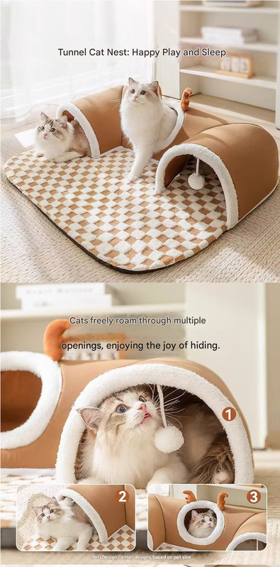 Brown  M size Cat Tunnel Bed House 4-Season Universal Removable Washable U-Shaped Cat Cave with Multi-Entrance, Plush Hideaway Pet Nest with Detachable Mat for Indoor Cats, Non-Slip Bottom, Multi-Cat Friendly
