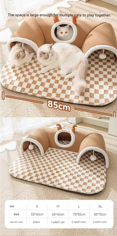 Brown  M size Cat Tunnel Bed House 4-Season Universal Removable Washable U-Shaped Cat Cave with Multi-Entrance, Plush Hideaway Pet Nest with Detachable Mat for Indoor Cats, Non-Slip Bottom, Multi-Cat Friendly