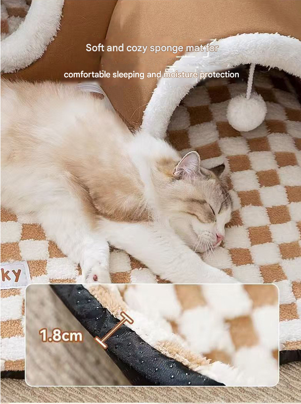 Brown  M size Cat Tunnel Bed House 4-Season Universal Removable Washable U-Shaped Cat Cave with Multi-Entrance, Plush Hideaway Pet Nest with Detachable Mat for Indoor Cats, Non-Slip Bottom, Multi-Cat Friendly