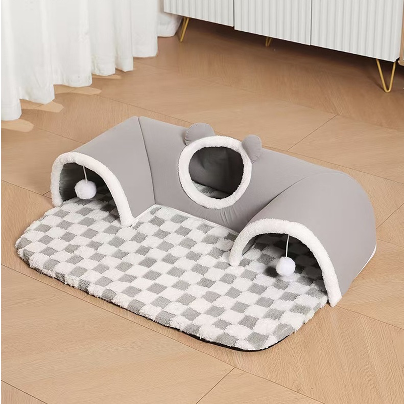 Grey  S size Cat Tunnel Bed House 4-Season Universal Removable Washable U-Shaped Cat Cave with Multi-Entrance, Plush Hideaway Pet Nest with Detachable Mat for Indoor Cats, Non-Slip Bottom, Multi-Cat Friendly