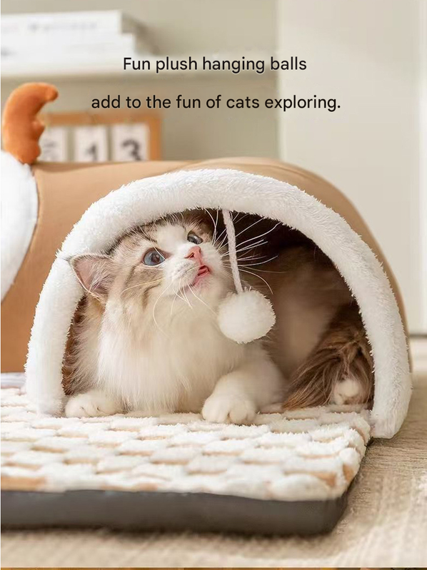 Grey M size Cat Tunnel Bed House 4-Season Universal Removable Washable U-Shaped Cat Cave with Multi-Entrance, Plush Hideaway Pet Nest with Detachable Mat for Indoor Cats, Non-Slip Bottom, Multi-Cat Friendly