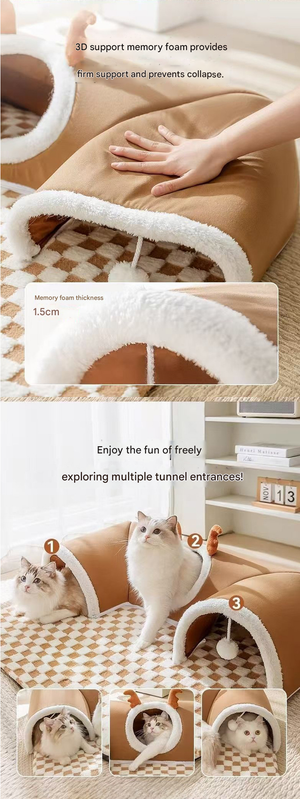 Grey M size Cat Tunnel Bed House 4-Season Universal Removable Washable U-Shaped Cat Cave with Multi-Entrance, Plush Hideaway Pet Nest with Detachable Mat for Indoor Cats, Non-Slip Bottom, Multi-Cat Friendly