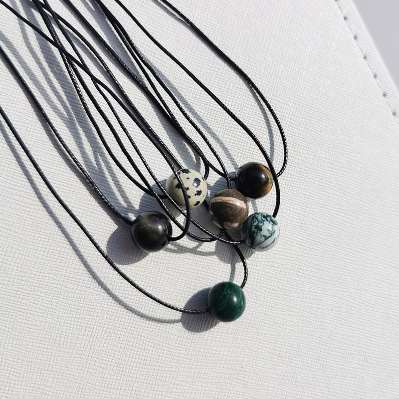 Vintage Geometric Natural Stone Bead Pendant Necklace Adjustable Black Rope Collarbone Chain Unisex Boho Jewelry Gift-Silver Obsidian