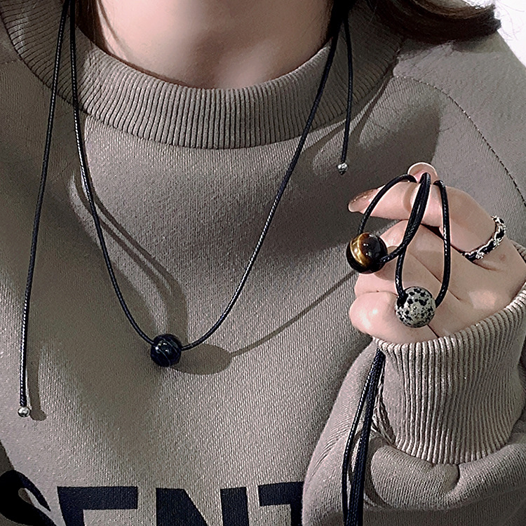 Vintage Geometric Natural Stone Bead Pendant Necklace Adjustable Black Rope Collarbone Chain Unisex Boho Jewelry Gift-Blue point stone