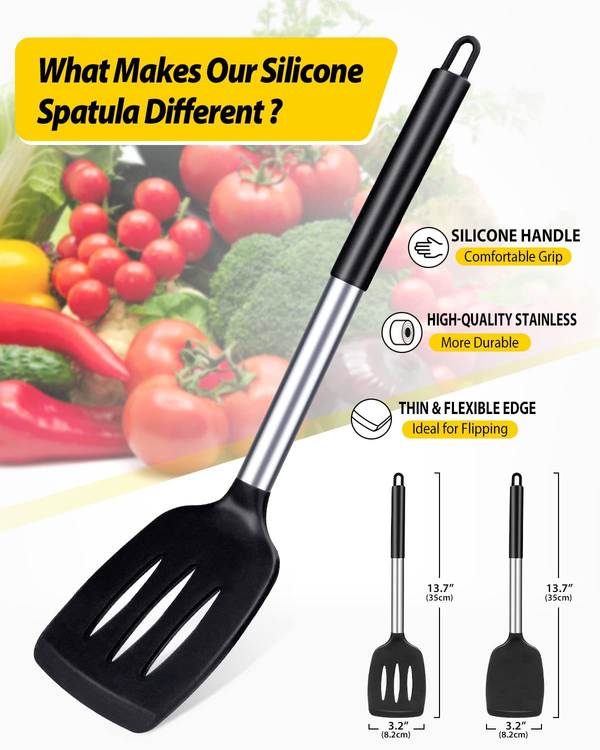 Black 2-Piece Silicone Spatula Set Slotted Turner Solid Turner Stainless Steel Handle Heat Resistant Non-Stick Cookware Kitchen Utensils