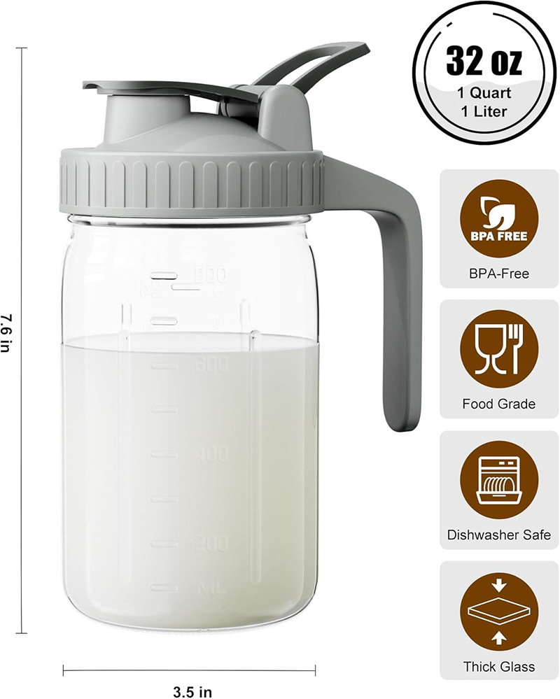 Pink Glass Mason Jar Pitcher 32oz with Flip Lid Pour Spout Milk Jug Leak-Proof Airtight Seal Wide Mouth Beverage Container Cold Brew Coffee Iced Tea Juice Milk Dispenser Fridge Storage