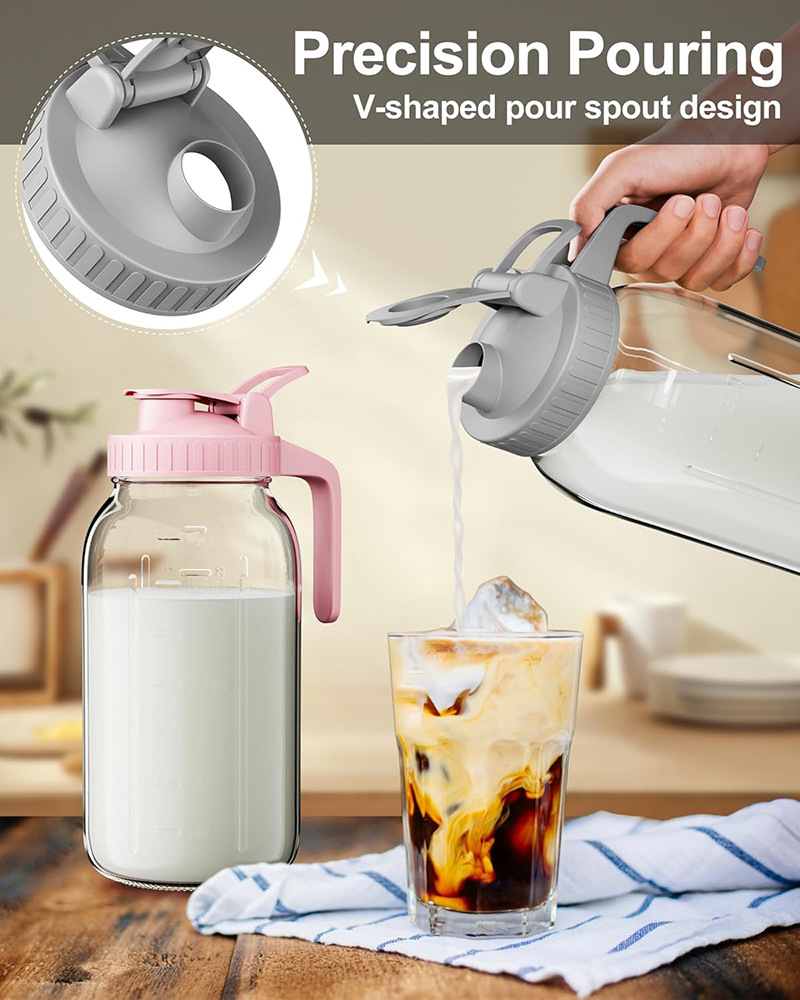 White Glass Mason Jar Pitcher 64oz with Flip Lid Pour Spout Milk Jug Leak-Proof Airtight Seal Wide Mouth Beverage Container Cold Brew Coffee Iced Tea Juice Milk Dispenser Fridge Storage