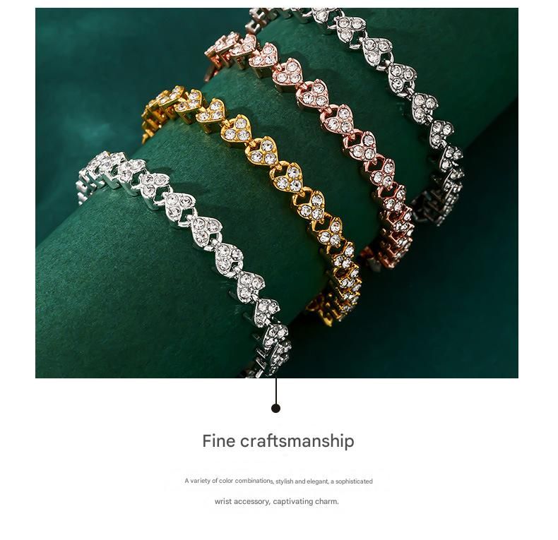 2-piece Aureate and  Rose Gold Luxury Crystal Heart Tennis Bracelet - European Roman Style Pave CZ Diamond Link Chain - Elegant Gold Silver Rose Gold Plated Fashion Jewelry for Women