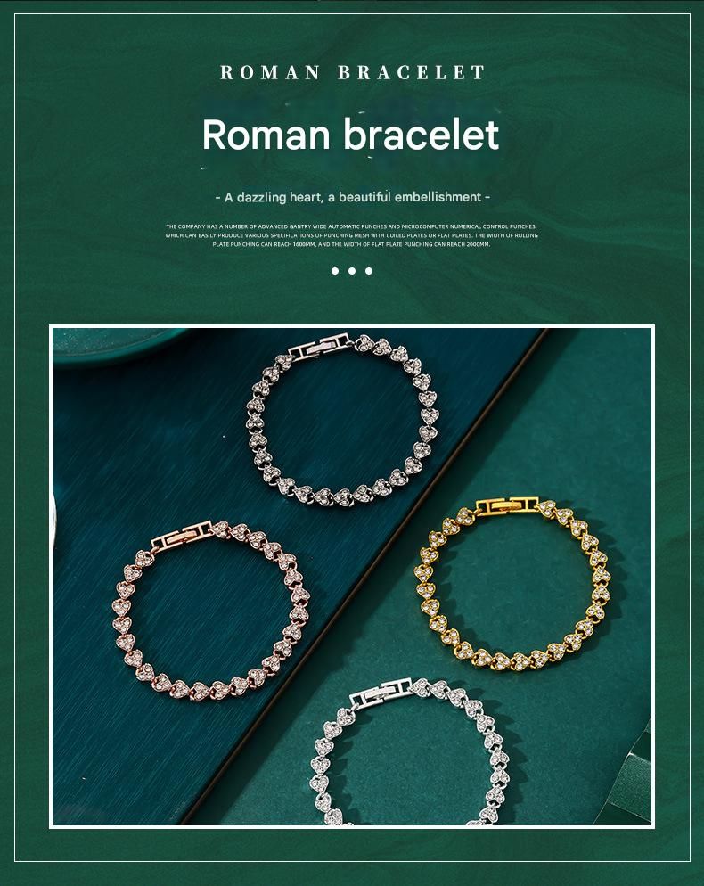 2-piece Silvery and  Rose Gold Luxury Crystal Heart Tennis Bracelet - European Roman Style Pave CZ Diamond Link Chain - Elegant Gold Silver Rose Gold Plated Fashion Jewelry for Women