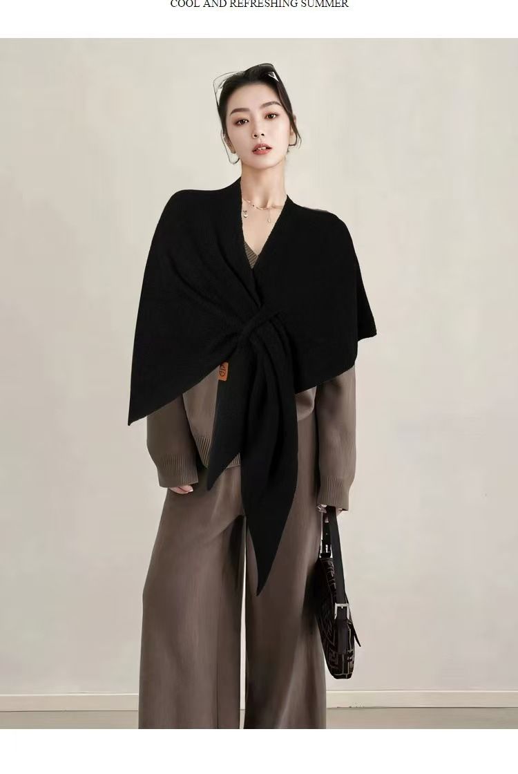 Black Women's Wool Blend Triangle Shawl - 70x180cm Knitted Winter Wrap - Warm Thick Solid Colour Poncho Scarf, Versatile Neck and Shoulder Cover, Everyday Elegance, Gift Ready