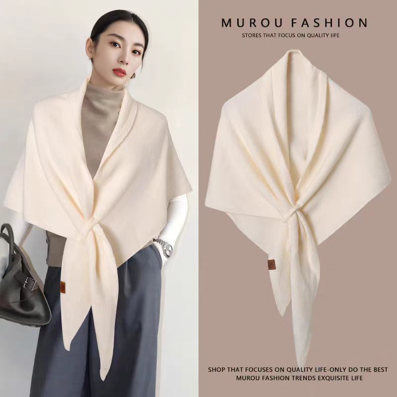 Beige Women's Wool Blend Triangle Shawl - 70x180cm Knitted Winter Wrap - Warm Thick Solid Colour Poncho Scarf, Versatile Neck and Shoulder Cover, Everyday Elegance, Gift Ready