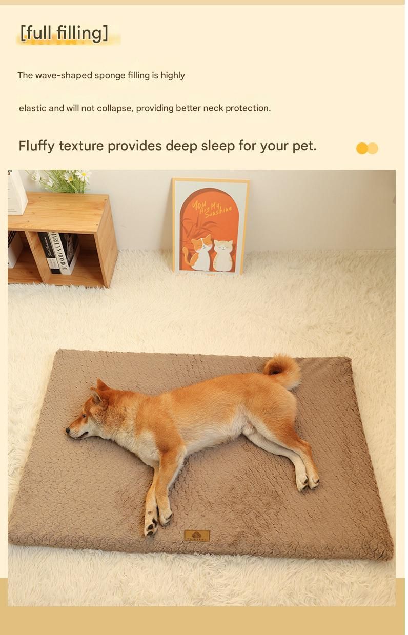 Grey L size Pet Dog Bed Mat - Plush Short Fur Cover with Wave Foam Padding - Washable Removable Cover, Non-Slip Base, Warm Winter Cushion for Dogs and Cats, Multiple Sizes
