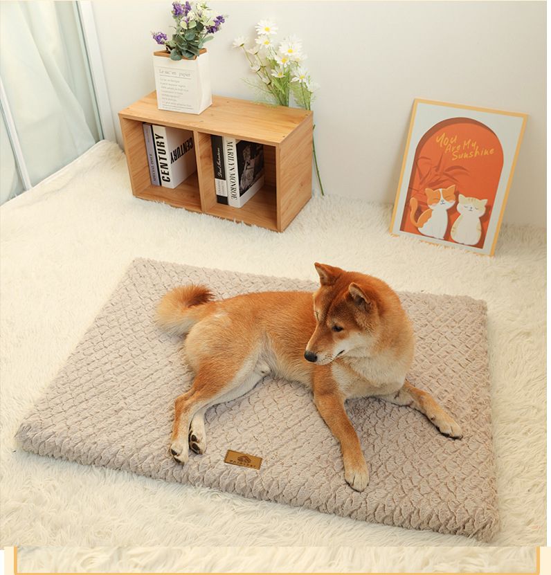 Coffee XL size Pet Dog Bed Mat - Plush Short Fur Cover with Wave Foam Padding - Washable Removable Cover, Non-Slip Base, Warm Winter Cushion for Dogs and Cats, Multiple Sizes