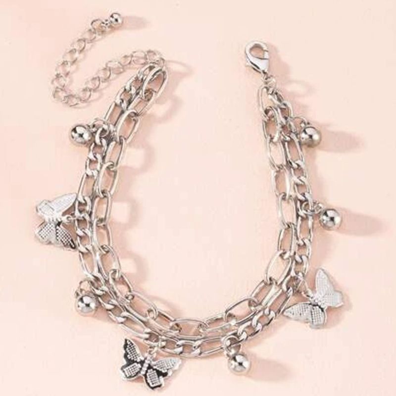 Silvery Butterfly Charm Layered Chain Bracelet - Gold and Silver Alloy Finish - Adjustable Double Strand Design, Lightweight Everyday Wear, Gift Ready，Gift Box Set