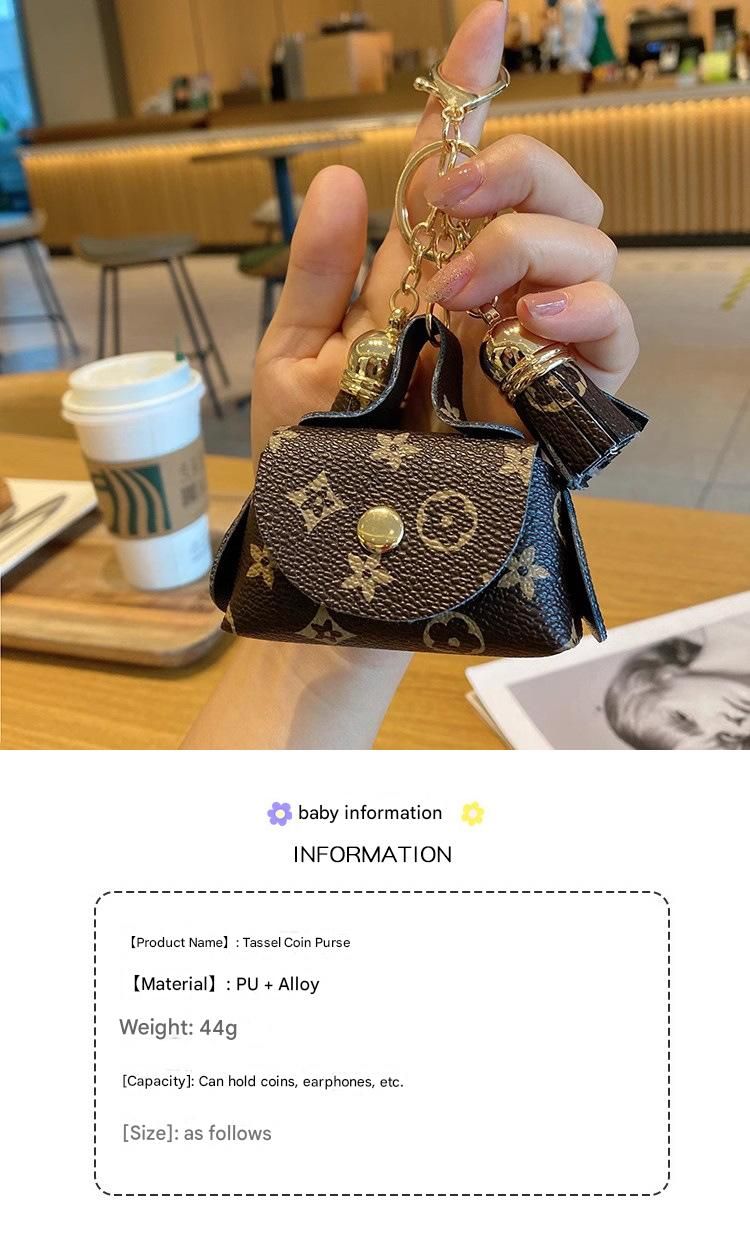 Brown Cute Mini PU Leather Coin Pouch with Tassel Keychain - Printed Pattern Earphone Holder, Small Key Bag for Women, Lightweight Everyday Accessory