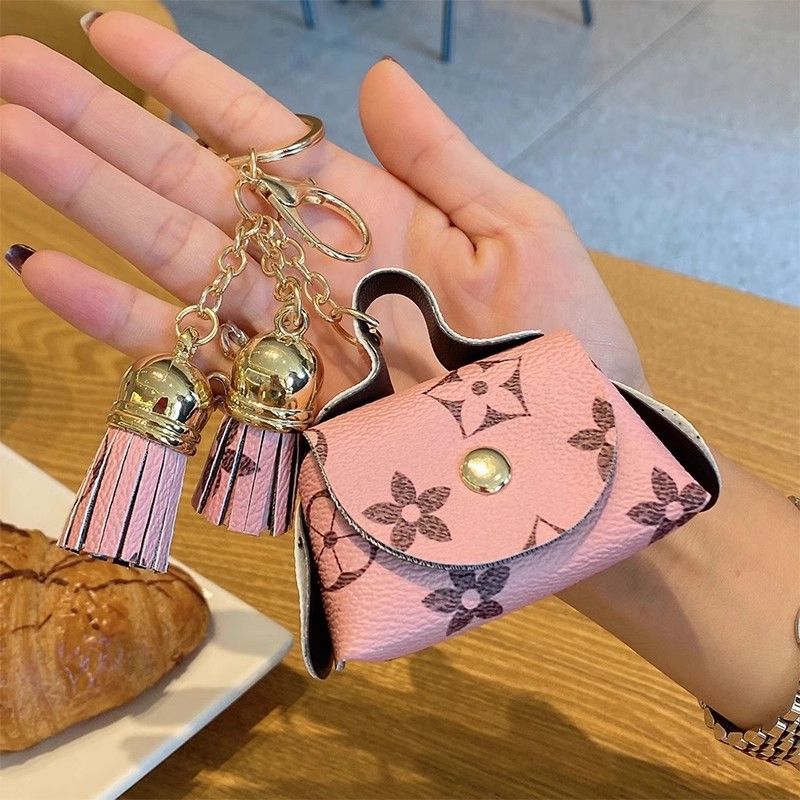 Black Cute Mini PU Leather Coin Pouch with Tassel Keychain - Printed Pattern Earphone Holder, Small Key Bag for Women, Lightweight Everyday Accessory