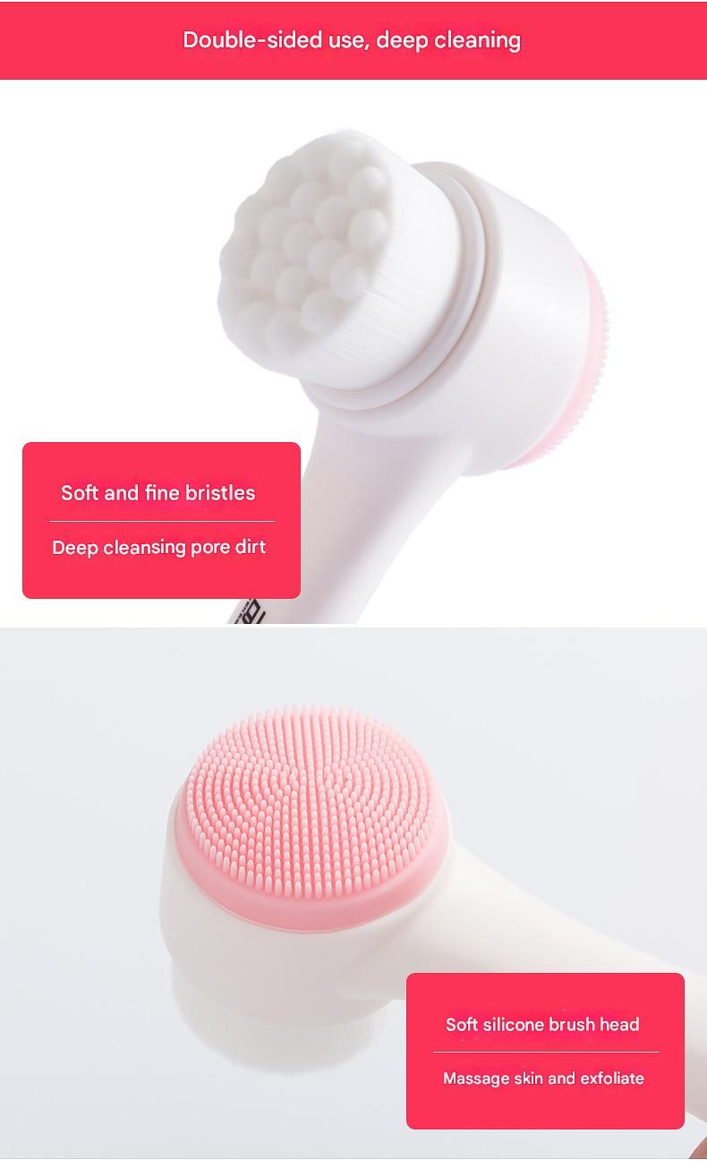Pink 3D Dual-Sided Facial Cleansing Brush - Silicone and Soft Bristle - Manual Face Scrubber for Deep Pore Cleaning, Exfoliation, and Makeup Removal, Gentle Skin Care Tool for Daily Use