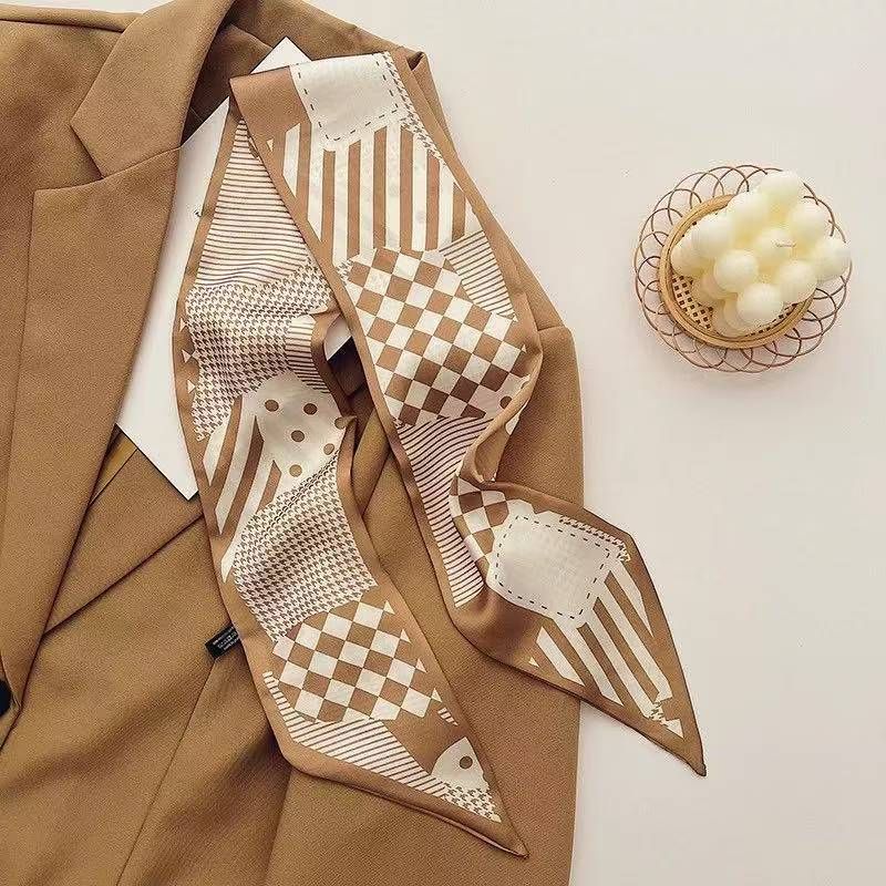 2-piece Coffee Geometric and Stripes French Style Long Silk Scarf - Coffee  Print - Versatile Skinny Neck Ribbon, Hair Tie, Bag Handle Accessory, Elegant Office Wear, Lightweight Polyester