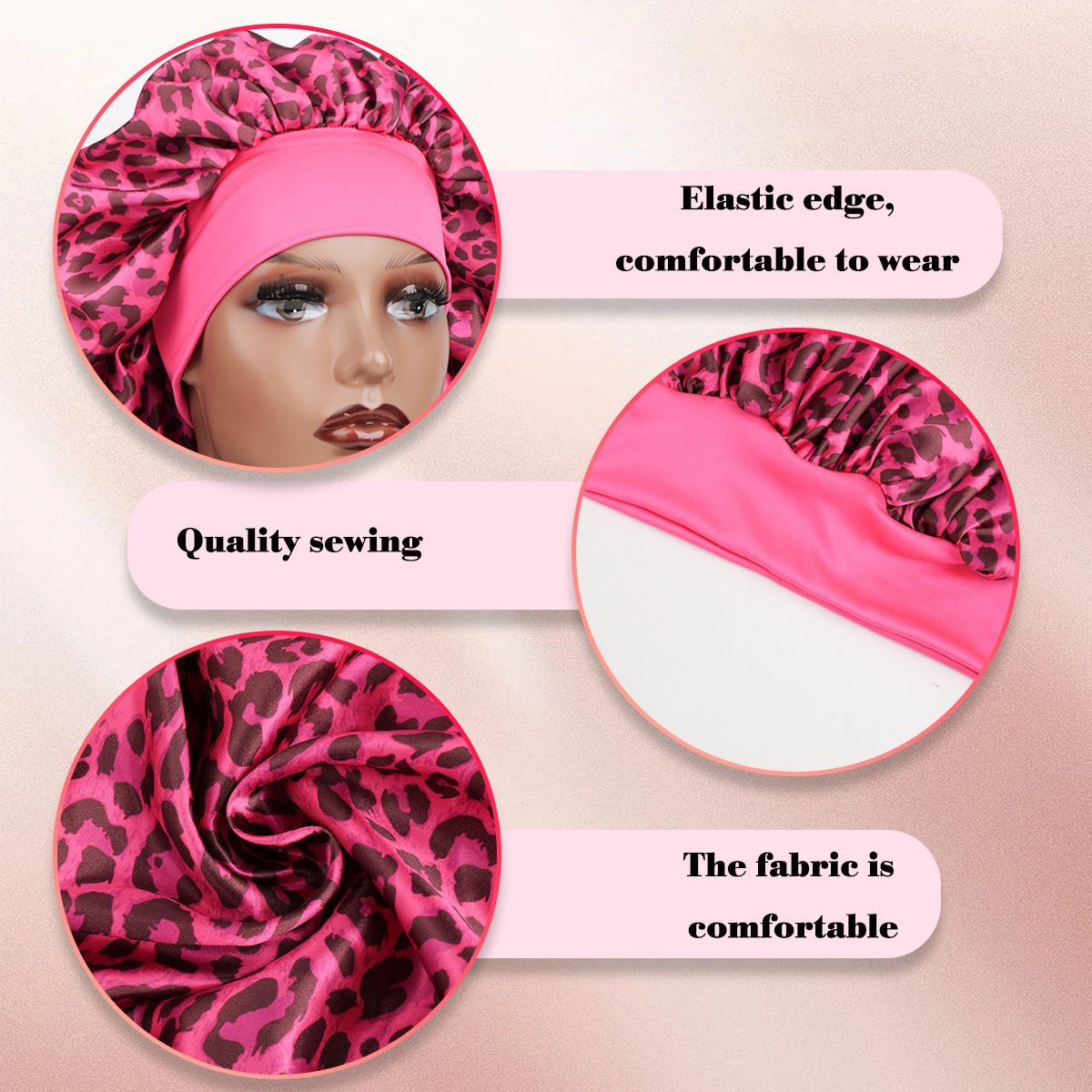 Capiricorn -Rose Red Leopard Print Satin Sleep Bonnet -  Large Size Hair Protection Cap with Elastic Band, Soft Lined for Curly Hair, Night Wear and Spa Use