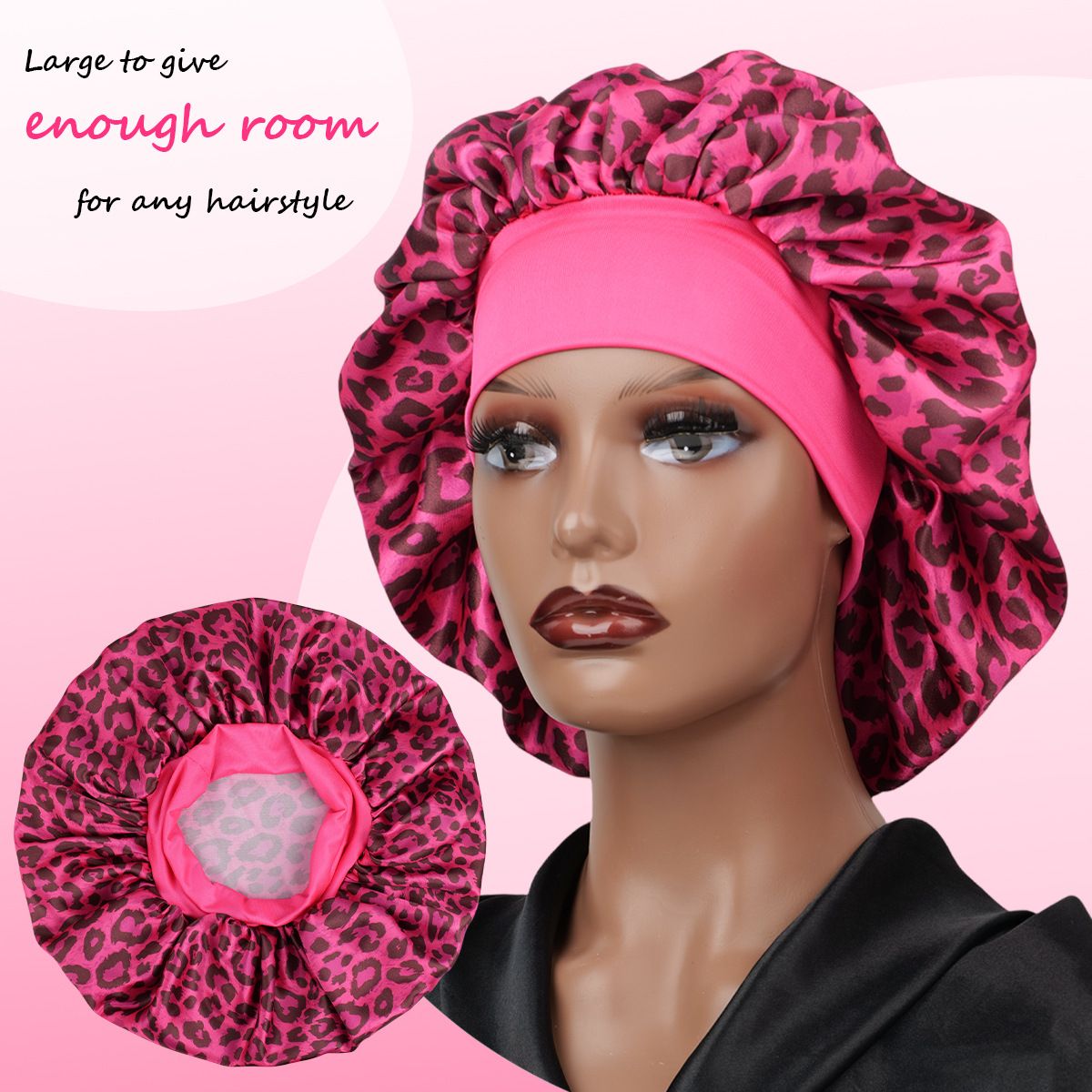 Taurus -Rose Red Leopard Print Satin Sleep Bonnet -  Large Size Hair Protection Cap with Elastic Band, Soft Lined for Curly Hair, Night Wear and Spa Use