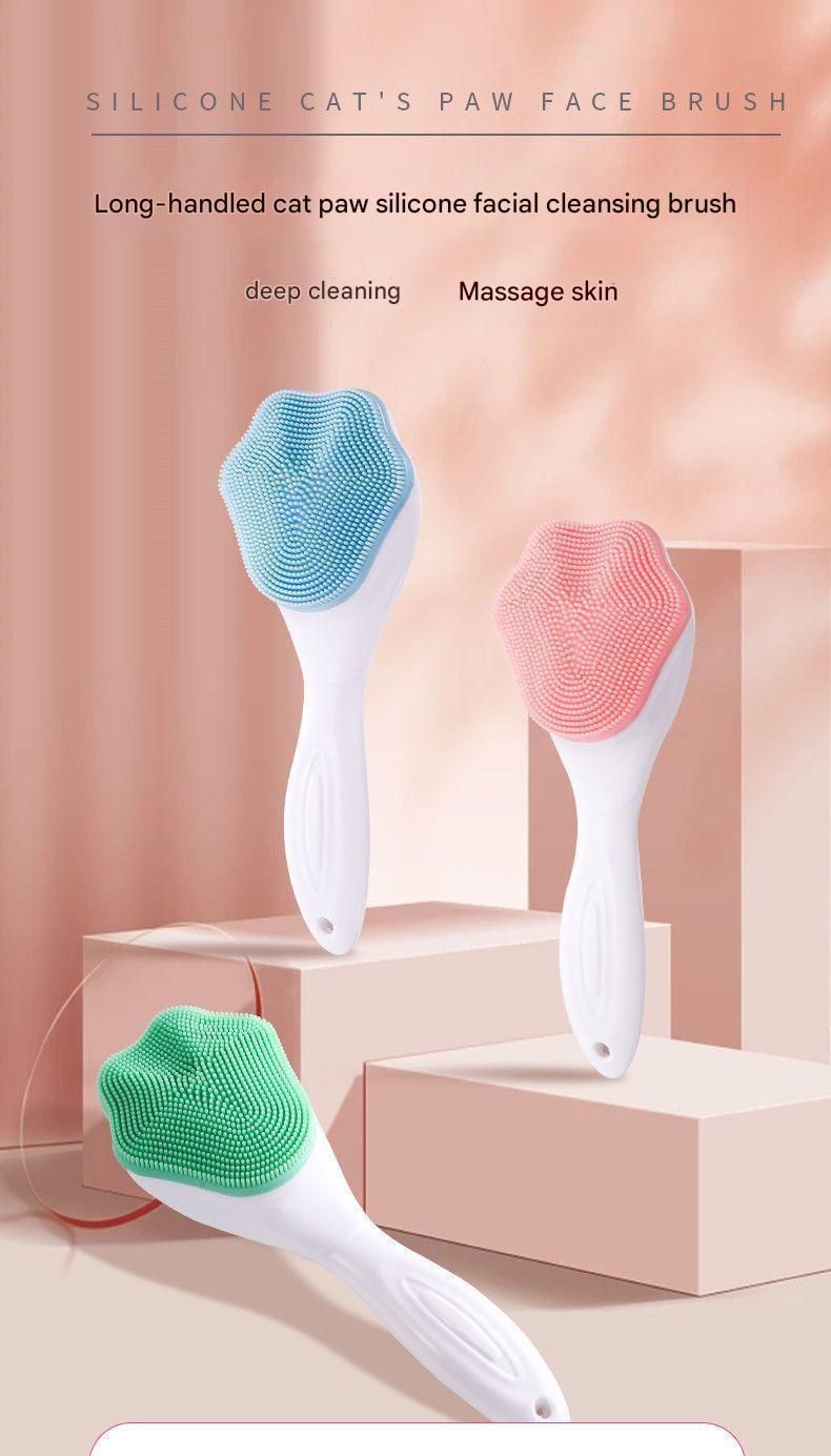 Blue Silicone Cat Paw Face Brush - Long Handle Manual Facial Cleanser for Deep Pore Cleaning, Exfoliating & Massaging - Soft Bristles for Blackhead Removal, Gentle on Skin, Travel Friendly