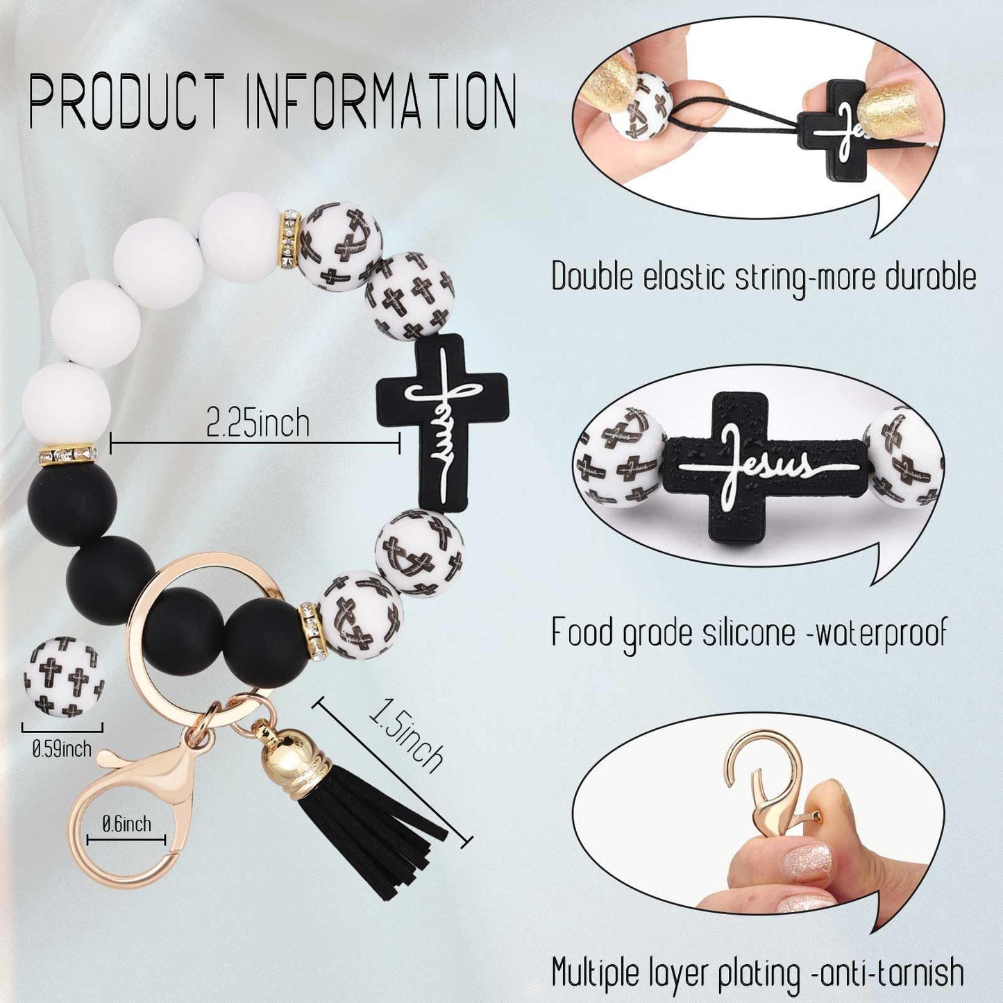 Black and White Silicone Bead Keychain with Cross Charm, Rhinestone Ring &short  Tassel - Religious Silicone Beaded Key Ring, Lightweight & Durable