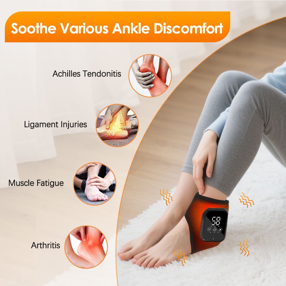 Black 2-piece Wireless Electric Ankle Massager with Heat and Vibration - 3 Heating Levels, 3 Vibration Modes, 15 Min Timer, 2000mAh Rechargeable Battery - Cordless Foot and Ankle Pain Relief Wrap for Men and Women