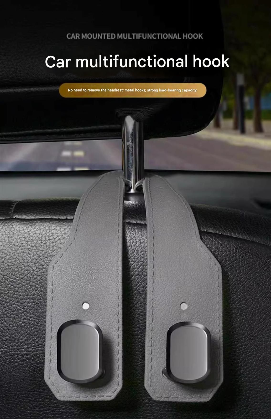 2-piece Black and Brown ABS Dual-Hook Car Seat Back Hanger — Foldable, Faux-Suede Headrest Hook; The ideal companion for hanging handbags and shopping bags, also doubles as a mobile phone holder