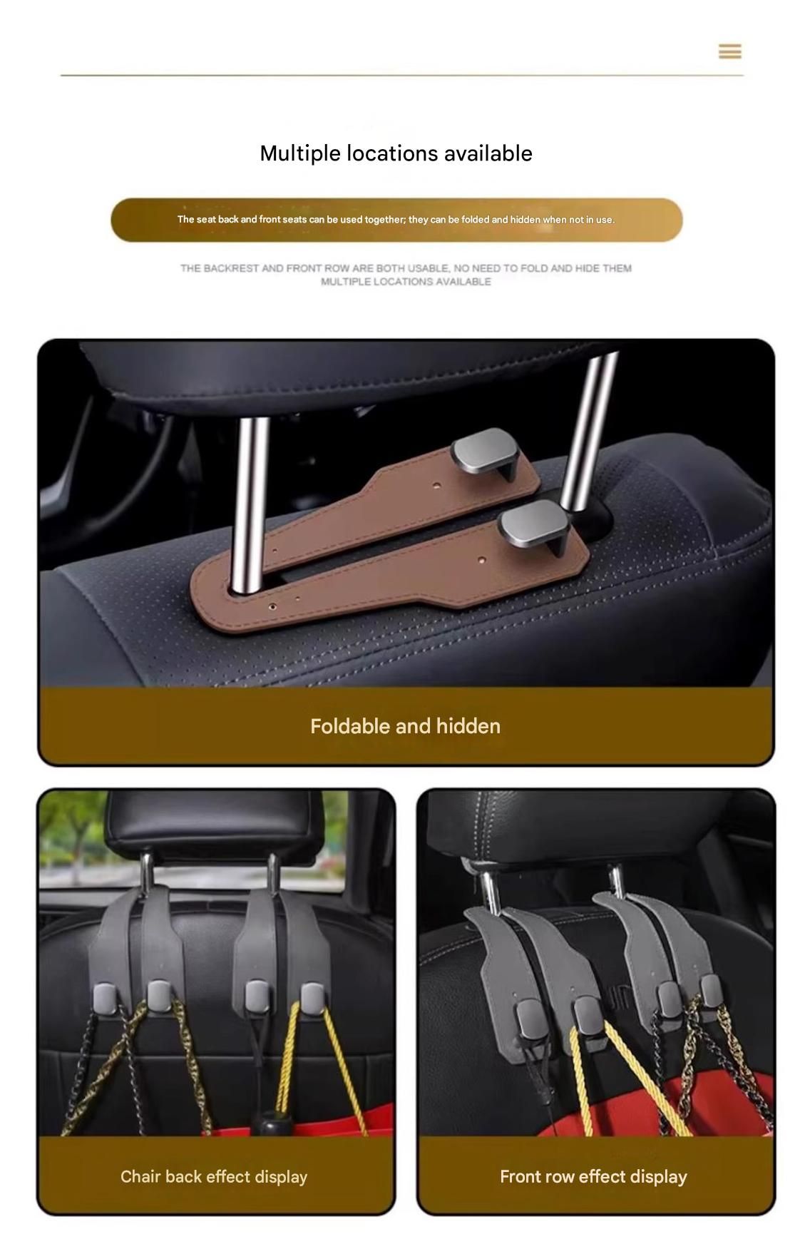 2-piece Black and Grey Alloy Dual-Hook Car Seat Back Hanger — Foldable, Faux-Suede Headrest Hook; The ideal companion for hanging handbags and shopping bags, also doubles as a mobile phone holder
