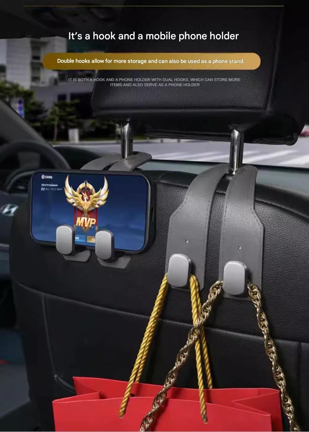 2-piece Brown and Grey Alloy Dual-Hook Car Seat Back Hanger — Foldable, Faux-Suede Headrest Hook; The ideal companion for hanging handbags and shopping bags, also doubles as a mobile phone holder