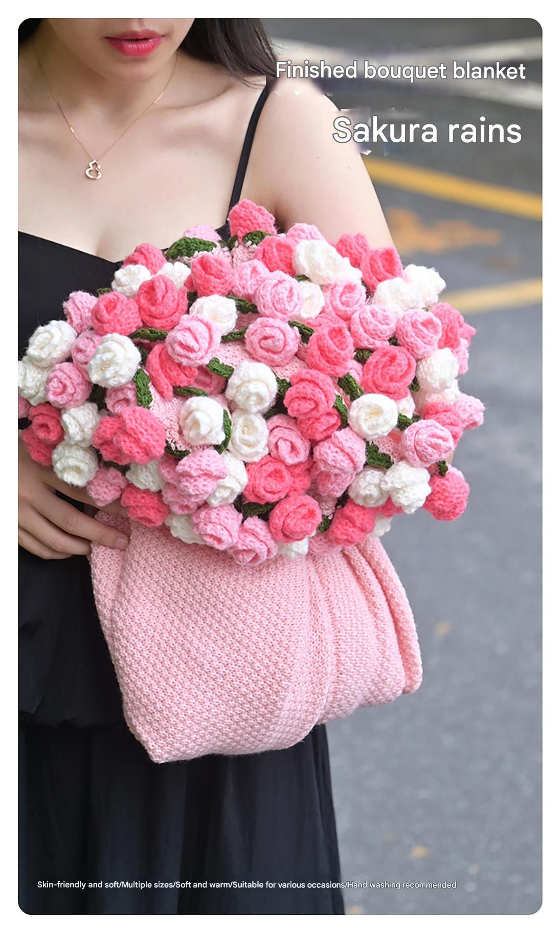 Pink and White Diameter: 120 cm -52 Woven Flowers Handmade Rose Bouquet Knit Blanket - Soft Pink Acrylic Throw with 3D Crochet Flowers - Perfect Gift for Her, Birthday, Valentine's Day, Home Decor