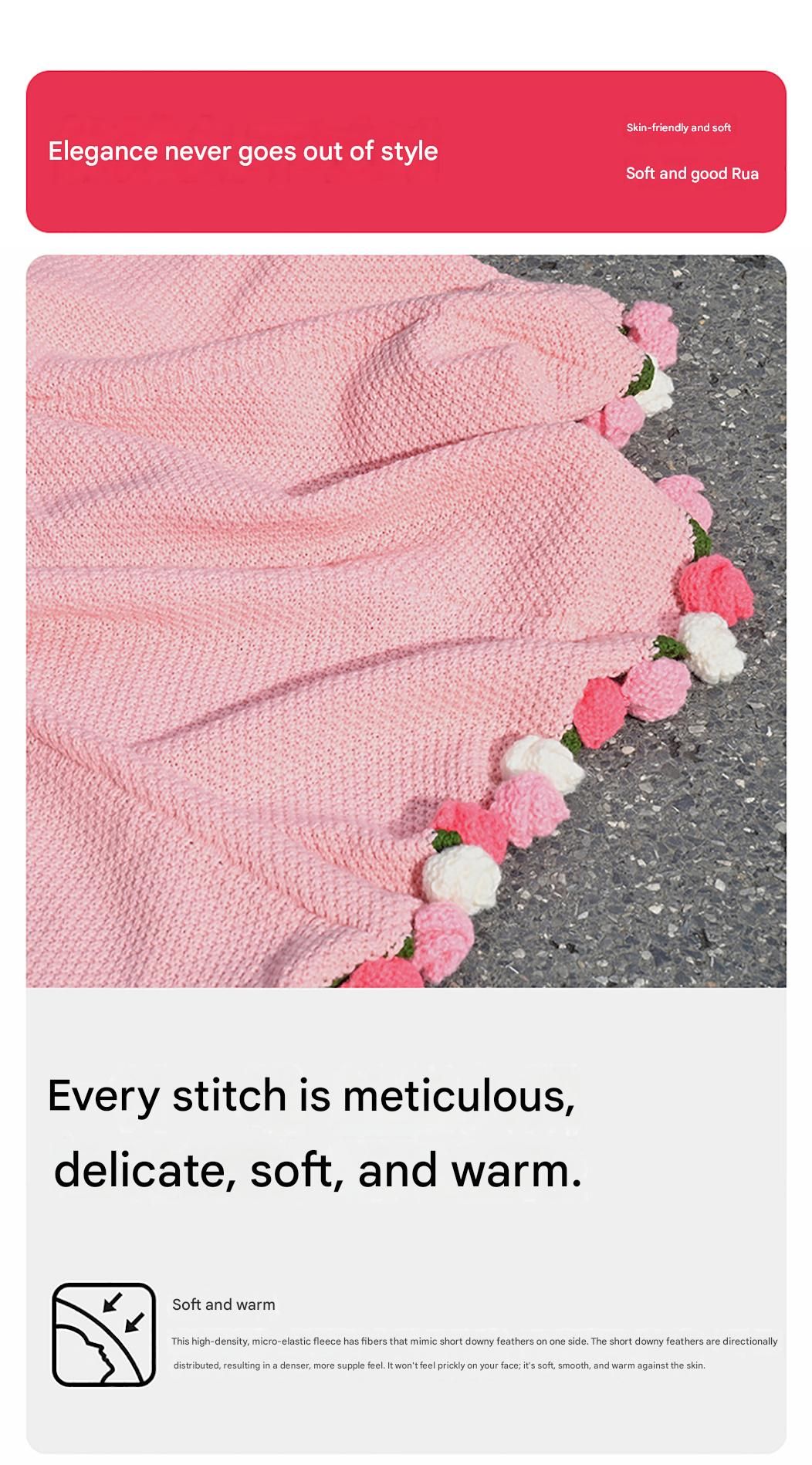 Pink and White Diameter: 120 cm -52 Woven Flowers Handmade Rose Bouquet Knit Blanket - Soft Pink Acrylic Throw with 3D Crochet Flowers - Perfect Gift for Her, Birthday, Valentine's Day, Home Decor