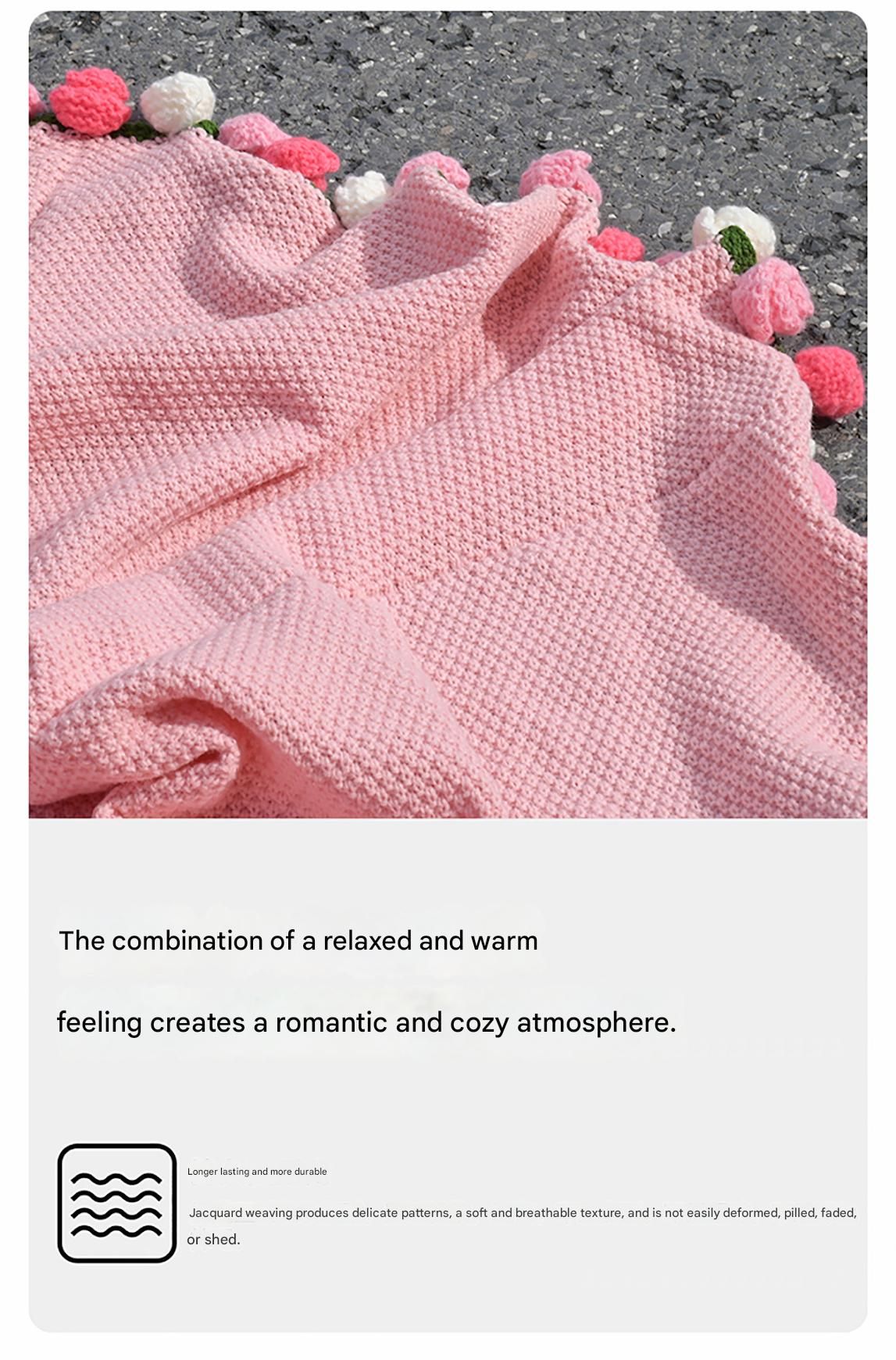 Pink and White Diameter: 120 cm -52 Woven Flowers Handmade Rose Bouquet Knit Blanket - Soft Pink Acrylic Throw with 3D Crochet Flowers - Perfect Gift for Her, Birthday, Valentine's Day, Home Decor