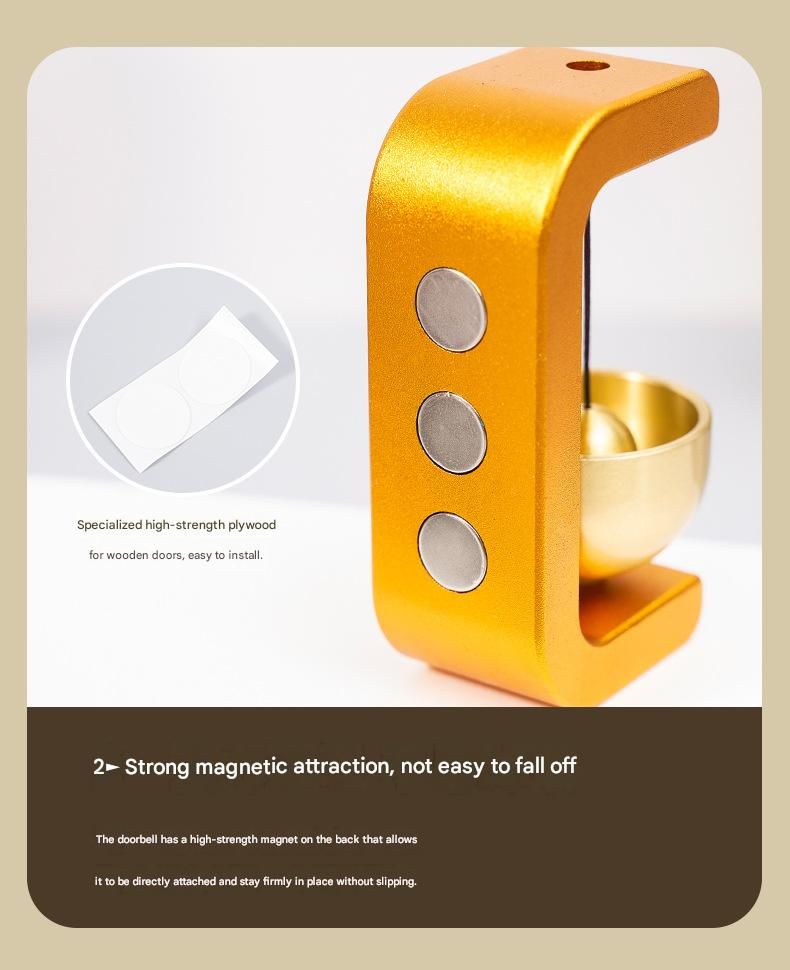 Yellow Magnetic Door Bell Chime - Dopamine Style Brass Bell with Alloy Frame - No Drill Entry Door Chime for Home, Office, Fridge - Modern Japanese Design, Crisp Sound, Easy Install