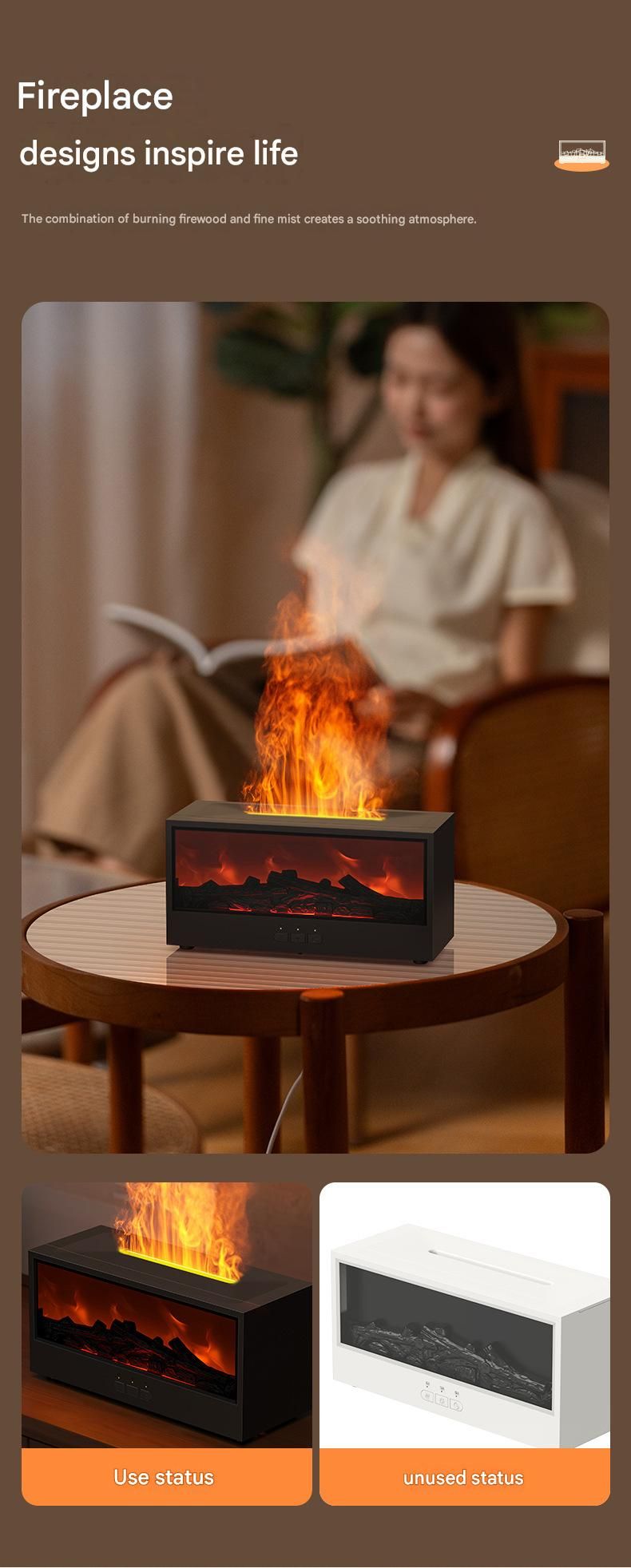 Black casing 3D Flame Effect Aroma Diffuser and Humidifier - Desktop Fireplace Design with Realistic LED Fire, 7-Color Mood Lighting, and Silent Ultrasonic Mist - Ideal for Bedroom, Living Room, Office, and Yoga Spaces - Includes Timer and Auto Shut-Off