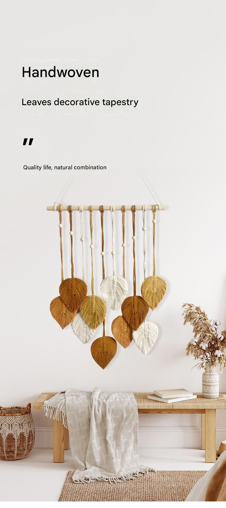 Brown 40*100cm Handmade Macrame Leaf Wall Hanging - Cotton Boho Tapestry, Machine Washable,  - Nordic Style Decor for Bedroom, Living Room, Nursery